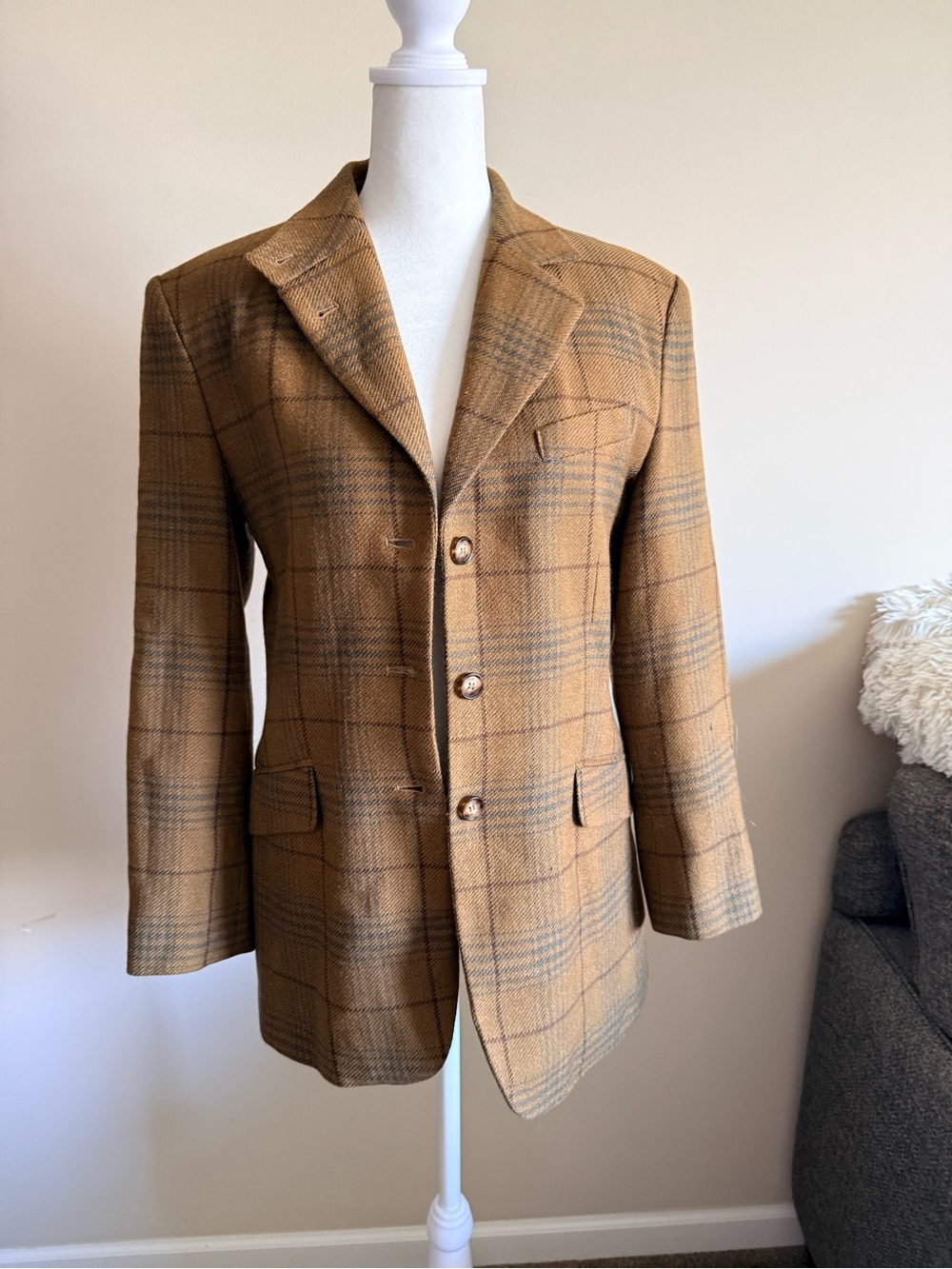 Vtg Limited America Tan Plaid Wool Blazer Equestrian, old money, preppy sz 4